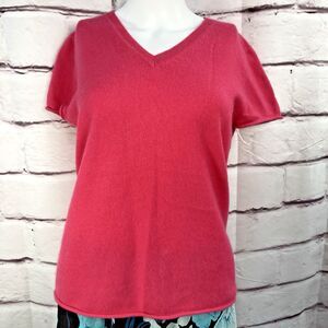 Tweeds Womens 100% Cashmere Dark Pink Short Sleeve Sweater Size M V Neck Vintage